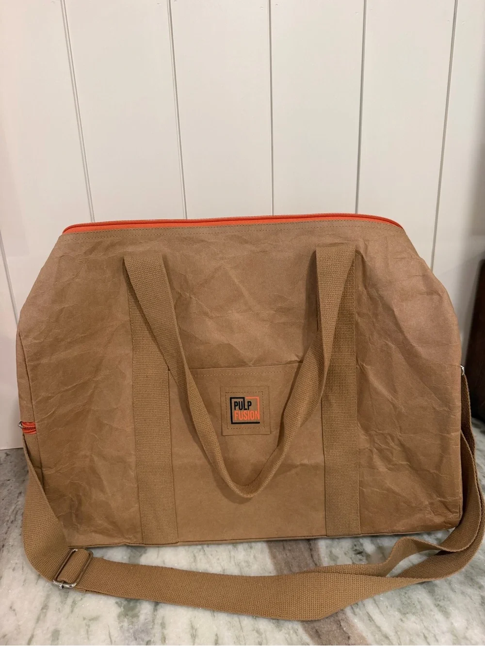 Pulp Fusion Tan Duffel Bag with Orange Zipper